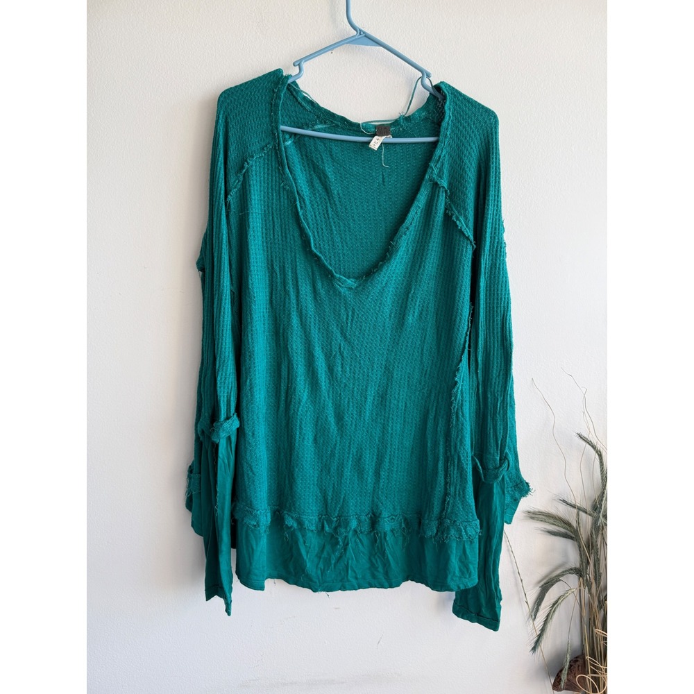 We The Free Free People Laguna Thermal Top Teal Green Waffle Knit‎ V-Neck Medium